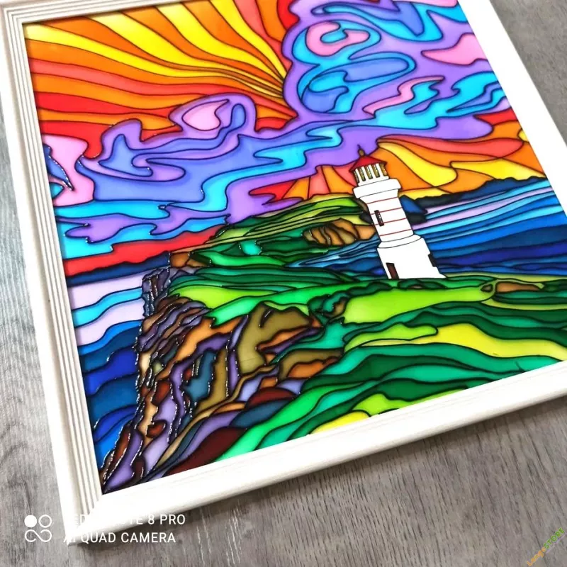 Витражная картина Закат на море. Маяк 39х39 см