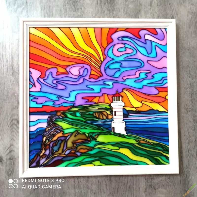 Витражная картина Закат на море. Маяк 39х39 см